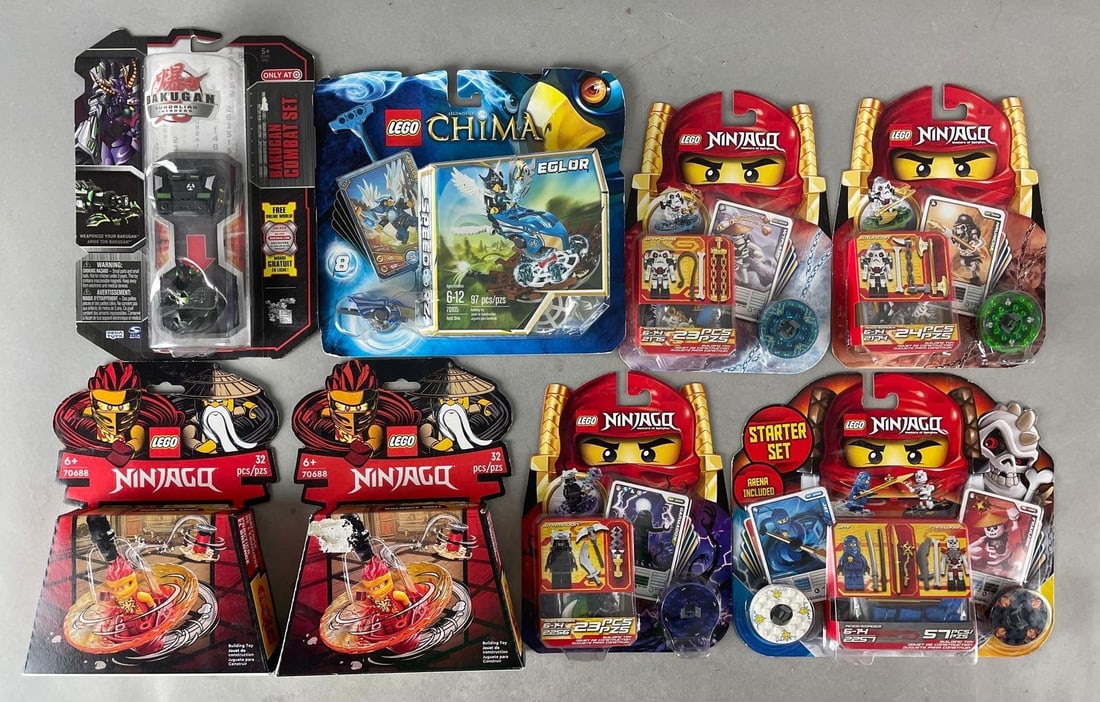 Group of 6 Lego Ninjago Toys and More: Includes bakugan combat set, and Lego chima eglor. Largest packaging measures 8 1/2 x 10 inches
