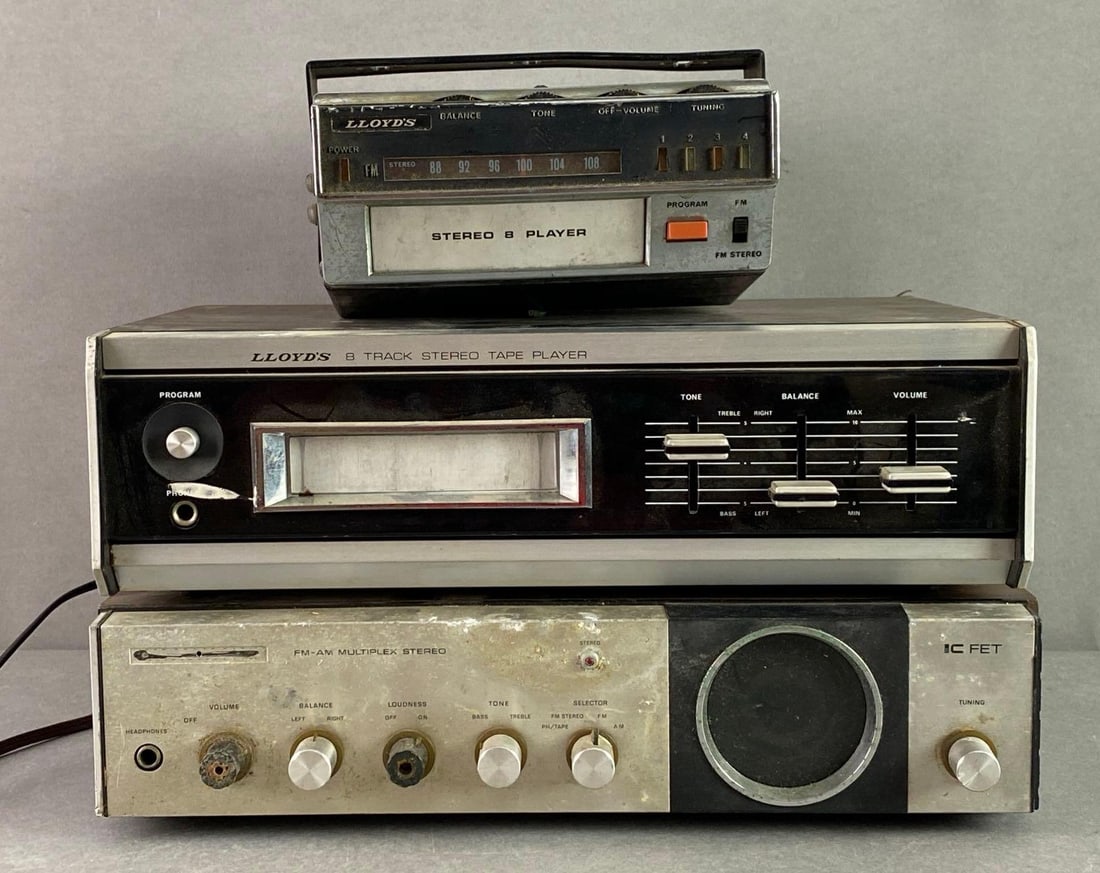 Group of 3 8 Track Stereo Players and Multiplex Stereo: Smallest 8 track player not tested, other 2 in working condition, largest measures 3 1/2 x 14 x 7 1/2 inches