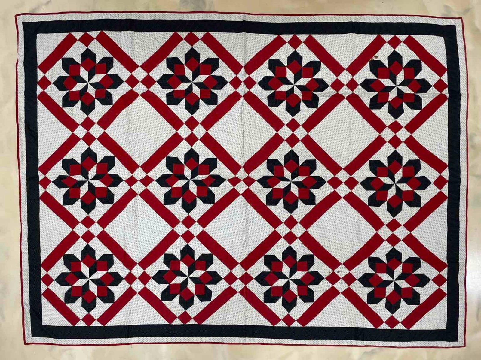 Vintage Hand Stitched Quilt: Some stains. Measures 101 x 75 inches
