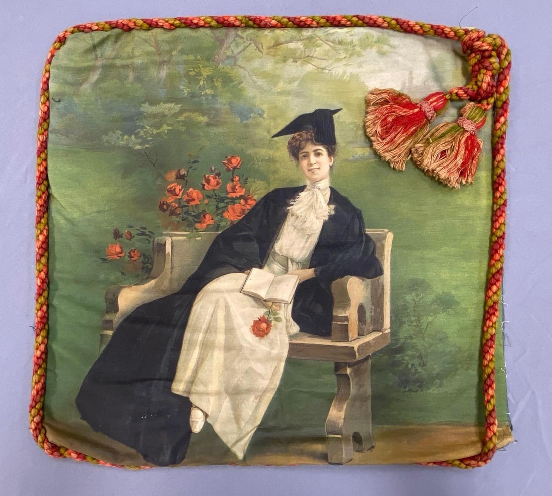 Womens Graduation Painted Pillow Cover: Tassel fringe loose along edges, Measures 21 x 22 1/2 inches.