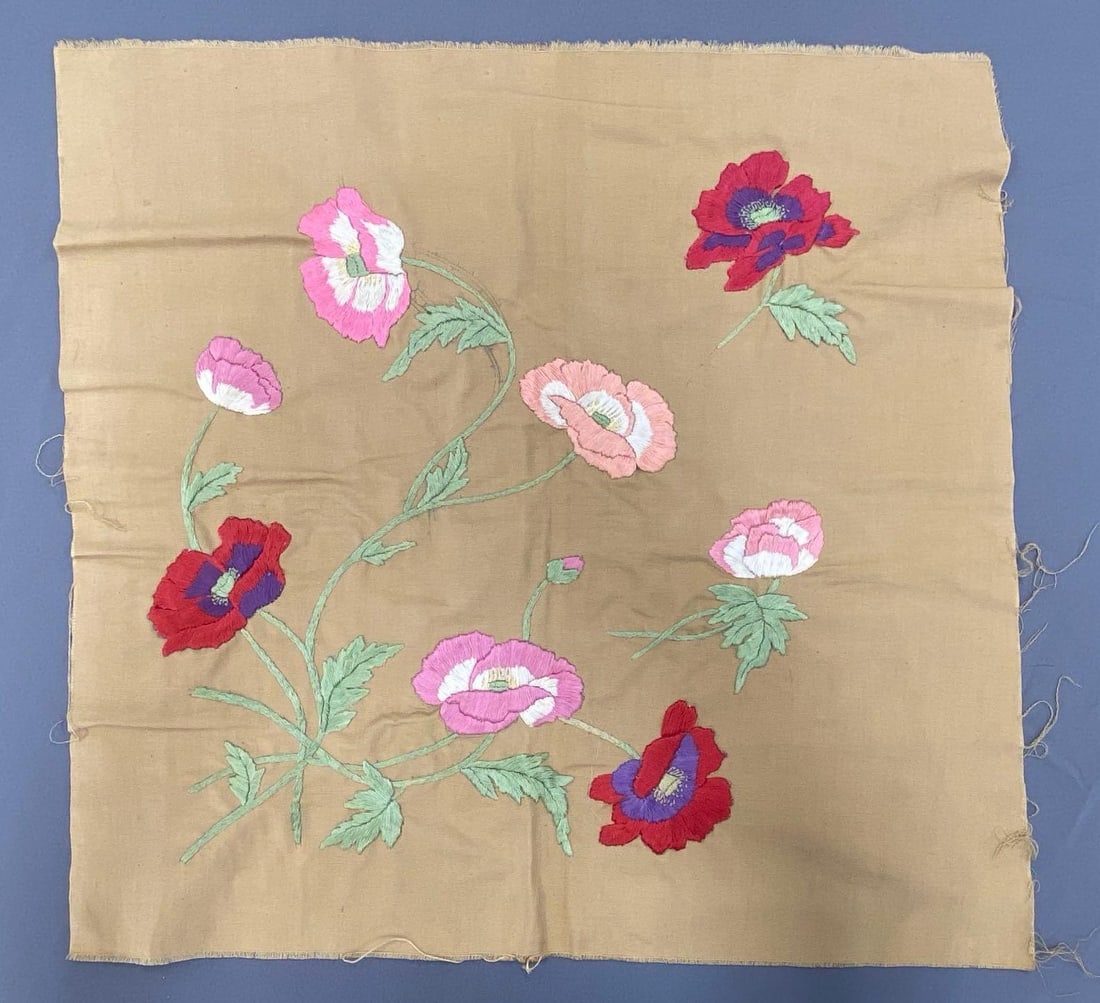 Brown Embroidered Floral Cloth: Measures 23 1/2 x 22 1/2 inches.