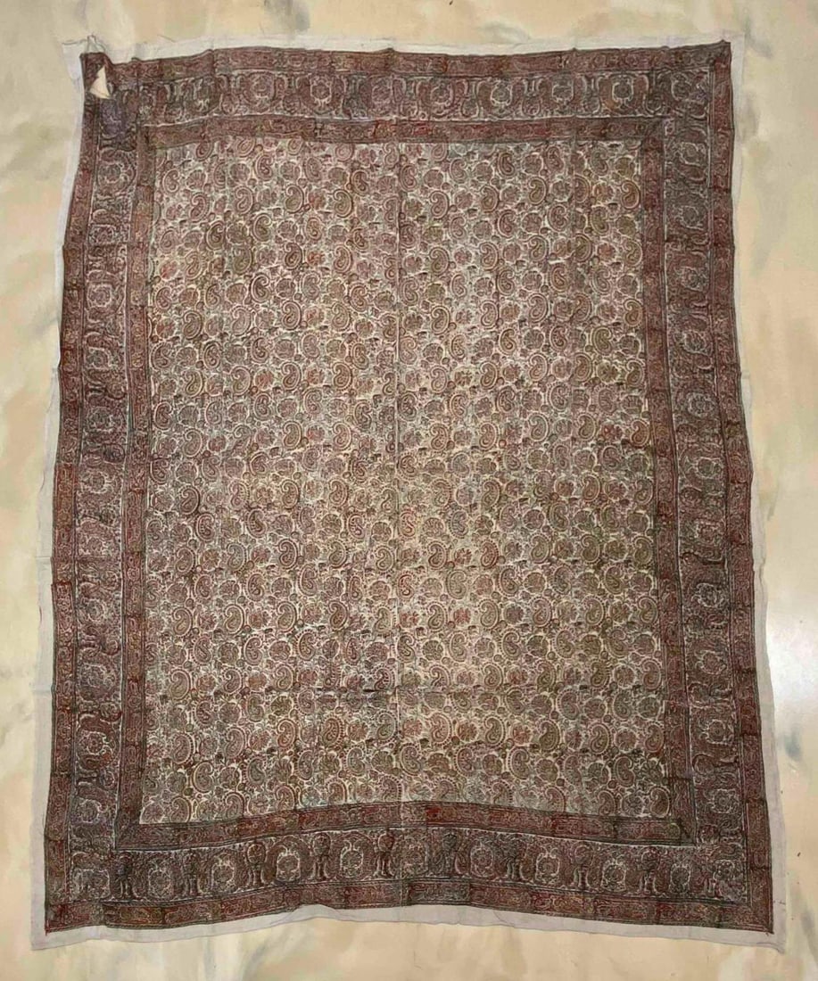 Large Colorful Paisley Patterned Linen Sheet: Not all edges hemmed, Large hole in bottom left corner, Solid hem through center, Measures 81 x 97 inches.