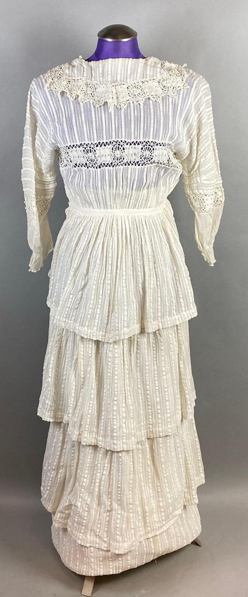 Victorian White Lace Daydress: With attachable back panel, Shoulder to shoulder measures 16 1/2 inches, Overall length measures 51 1/2 inches.