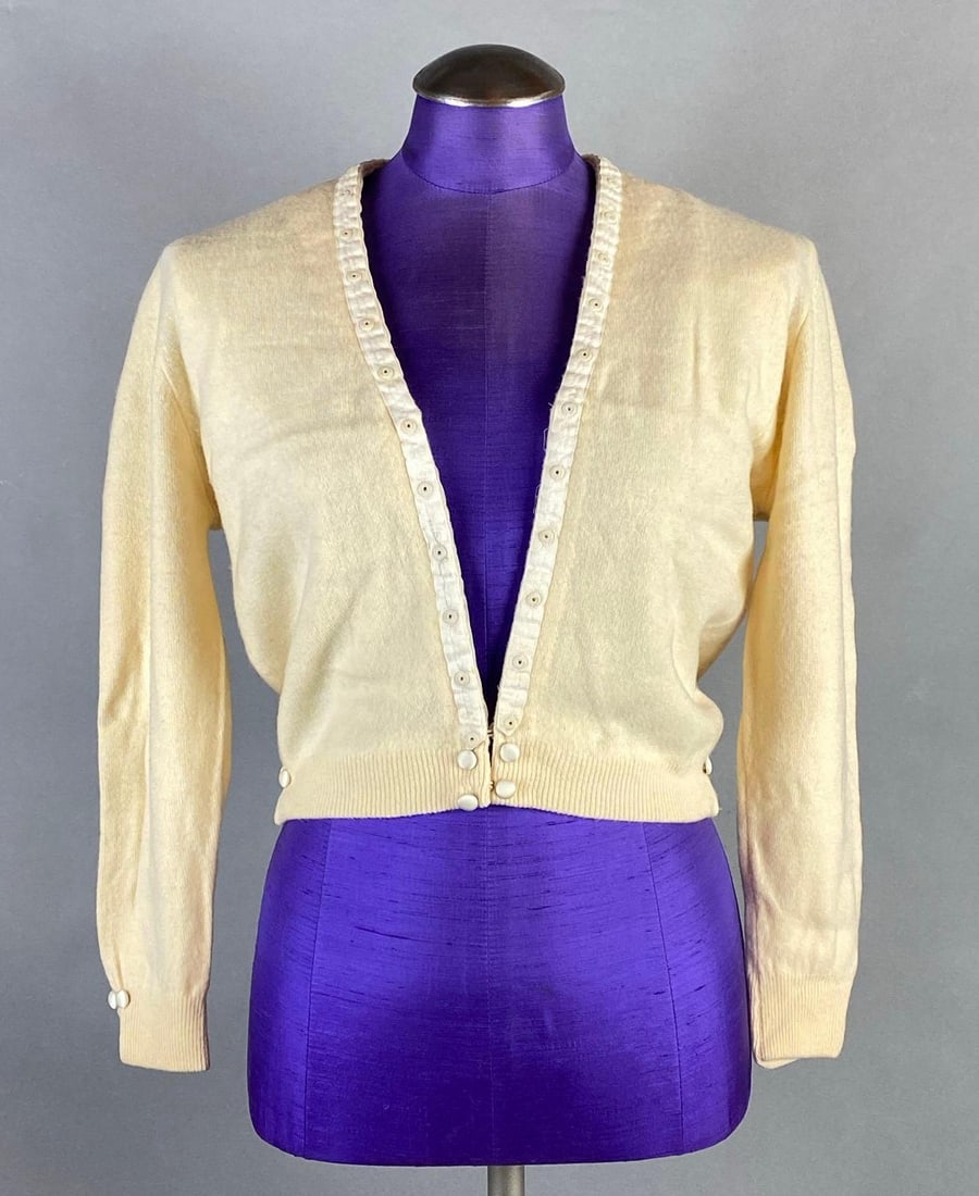 Bernhard Altmann Ivory Pure Cashmere Cardigan: With lace lining, Made expressively for Riviera Cashmere Inc, Shoulder to shoulder measures 15 1/2 inches, Shoulder to cuff measures 21 inches, Collar to hem measures 16 1/2 inches.