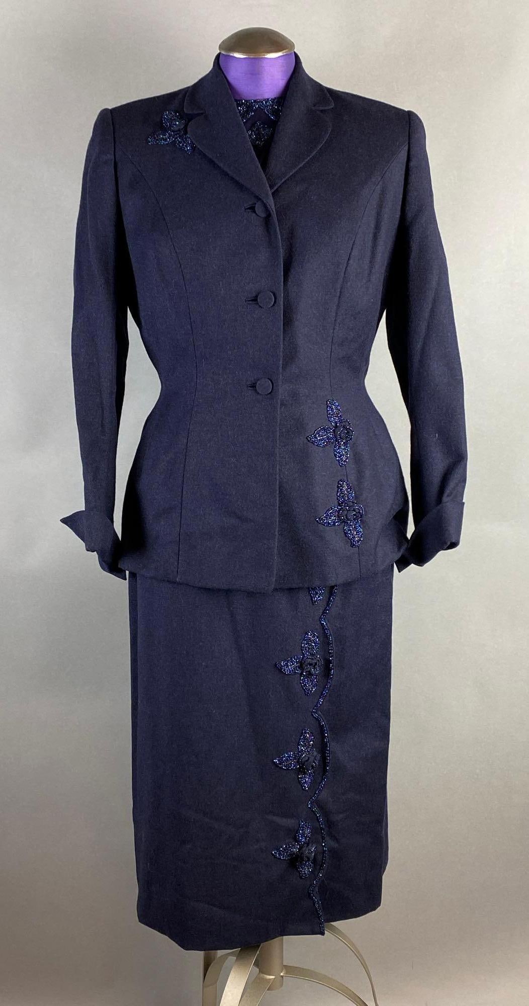 Vintage 3 Piece Navy Blue Wool Beaded Womens Suit Set (1 of 8)