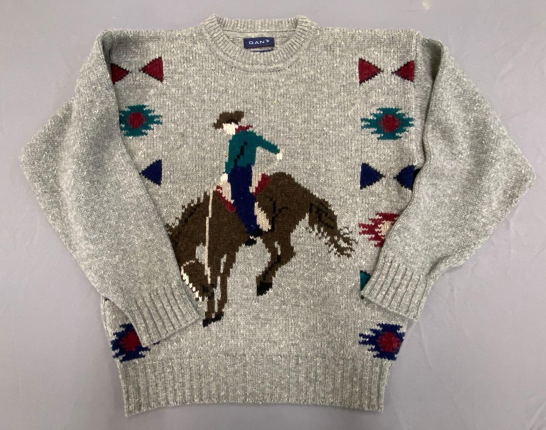 Gant Hand Intarsia Grey Wool Cowboy Sweater: Size Large, Small stain on bottom back edge.