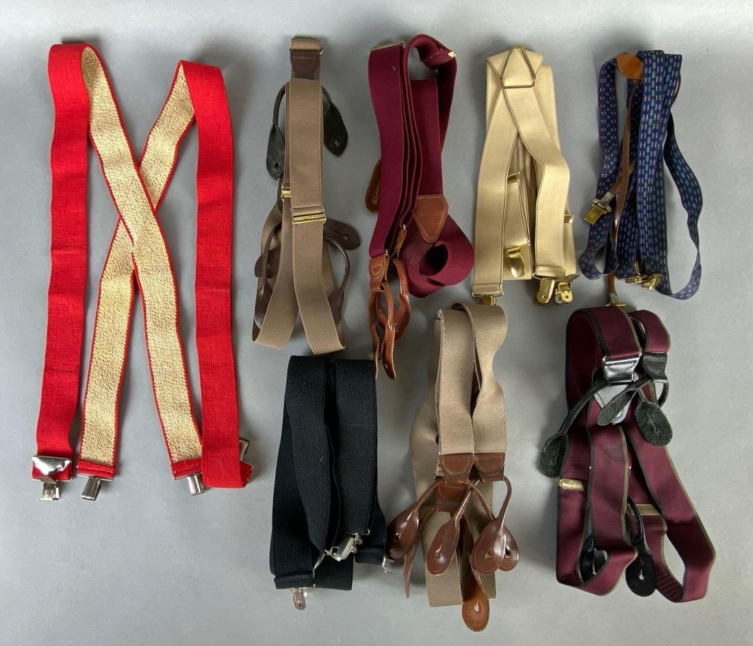 Group of 8 Pairs of Suspenders: Includes clasp closure, and button closure.