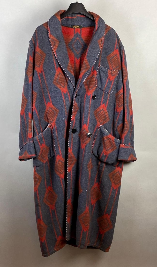 Beacon Gray and Red Diamond Pattern Button-Up Blanket Robe: Braided rope belt in pocket, Shoulder to shoulder measures 22 inches Shoulder to cuff measures 23 1/2 inches, Collar to cuff measures 47 inches.