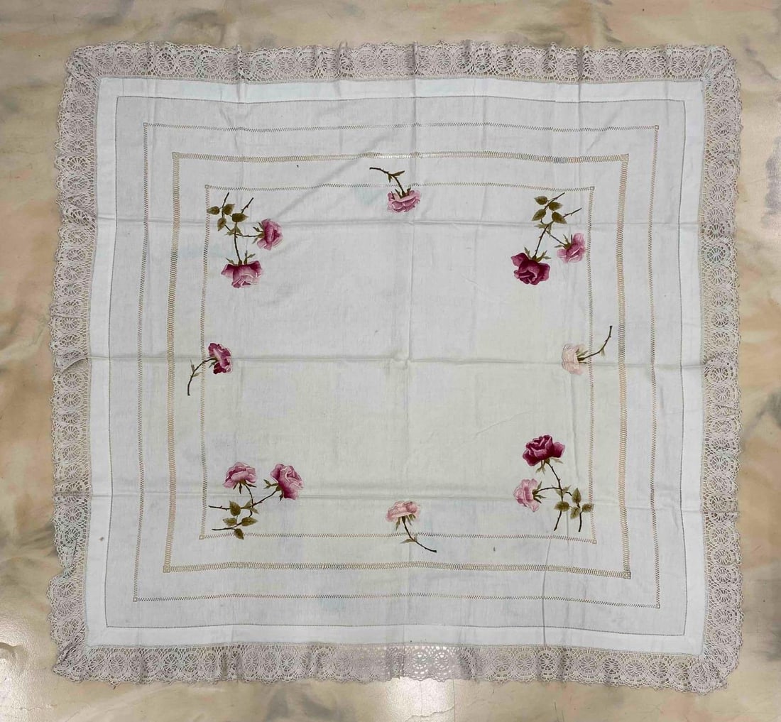 Embroidered Roses White Linen Tablecloth with Lace Edges (1 of 4)