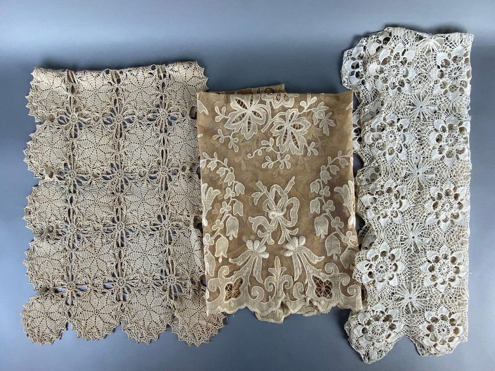 Group of 3 Lace and Crocheted Doily Table Runners: Some small tears, Largest measures 18 x 50 inches.