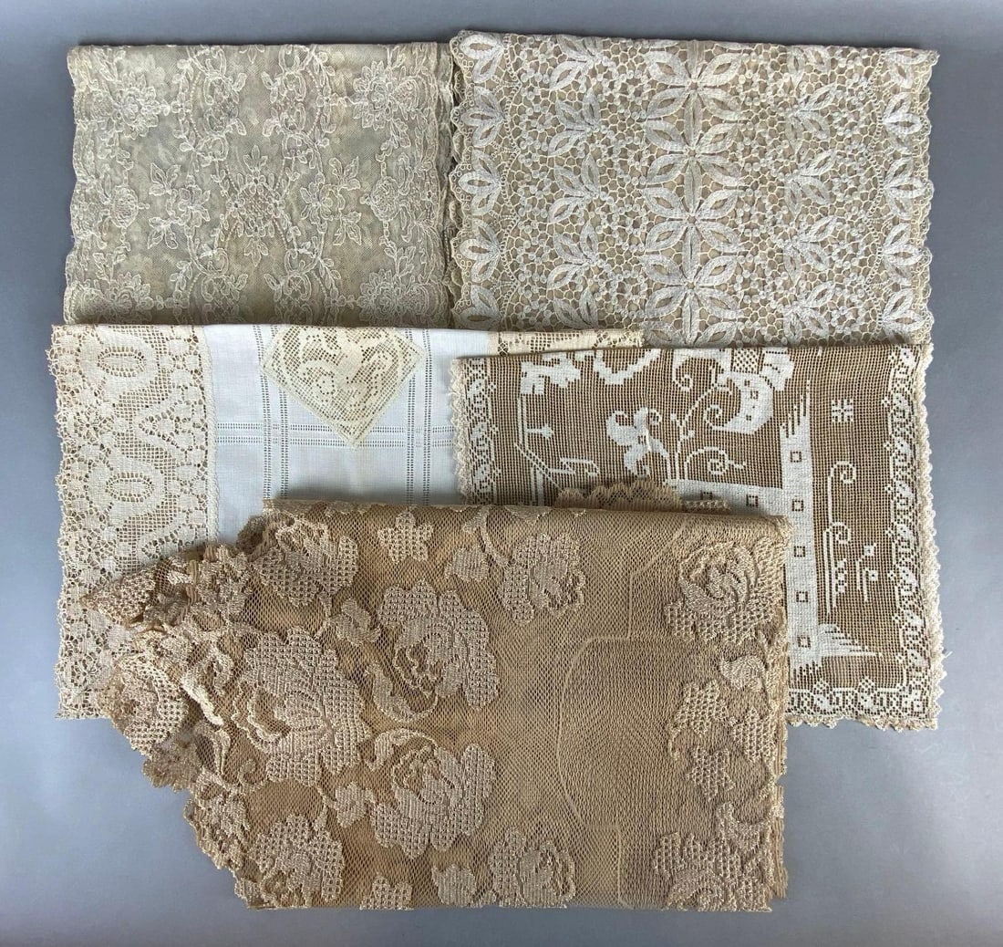 Group of 5 Tan and White Lace Linen Table Runners: Majority floral patterned, Largest measures 20 1/2 x 96 inches.