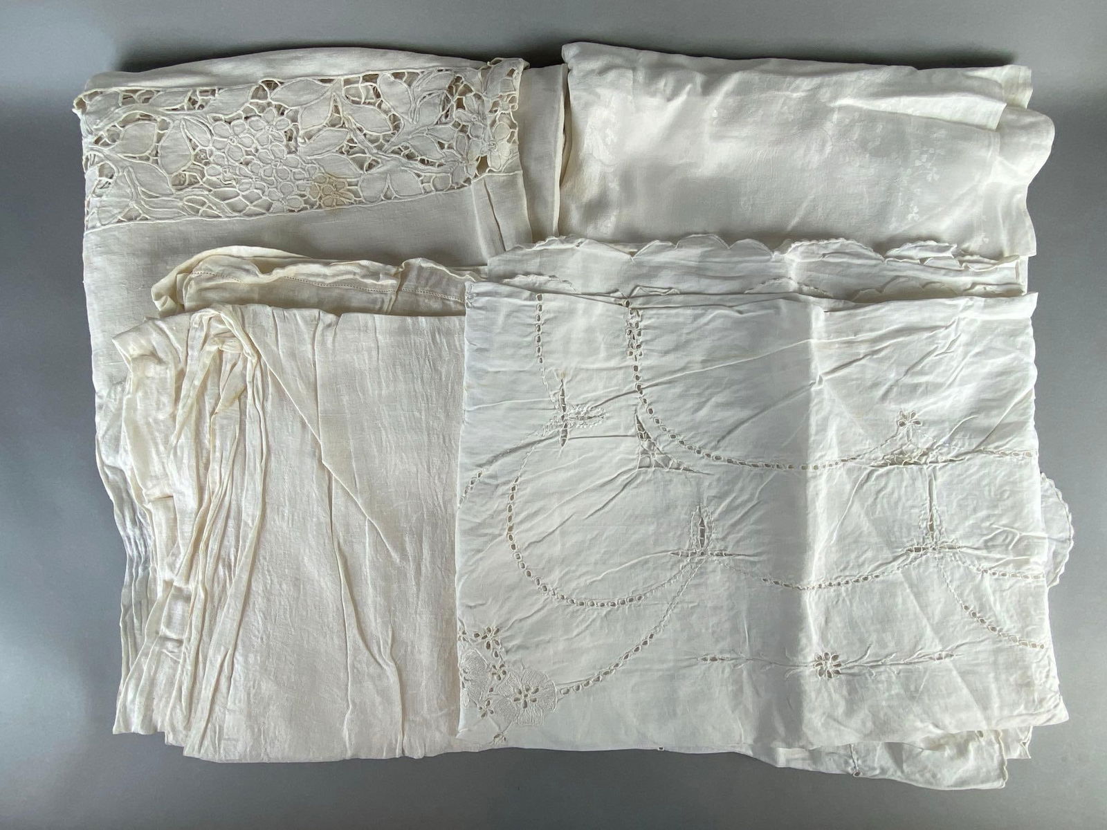 Group of 4 Linen and Lace Flat Sheets: Some small stains, Largest measures 100 x 64 inches.