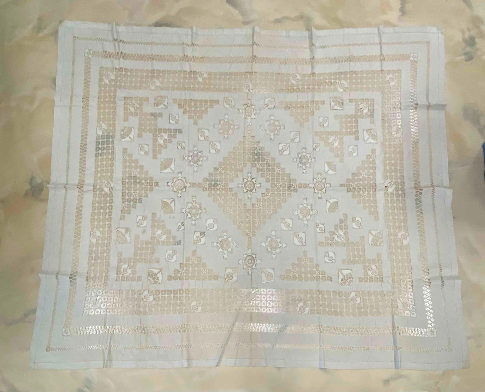 Off-White Hand Pulled Threaded Linen Sheet: Measures 97 x 77 inches.