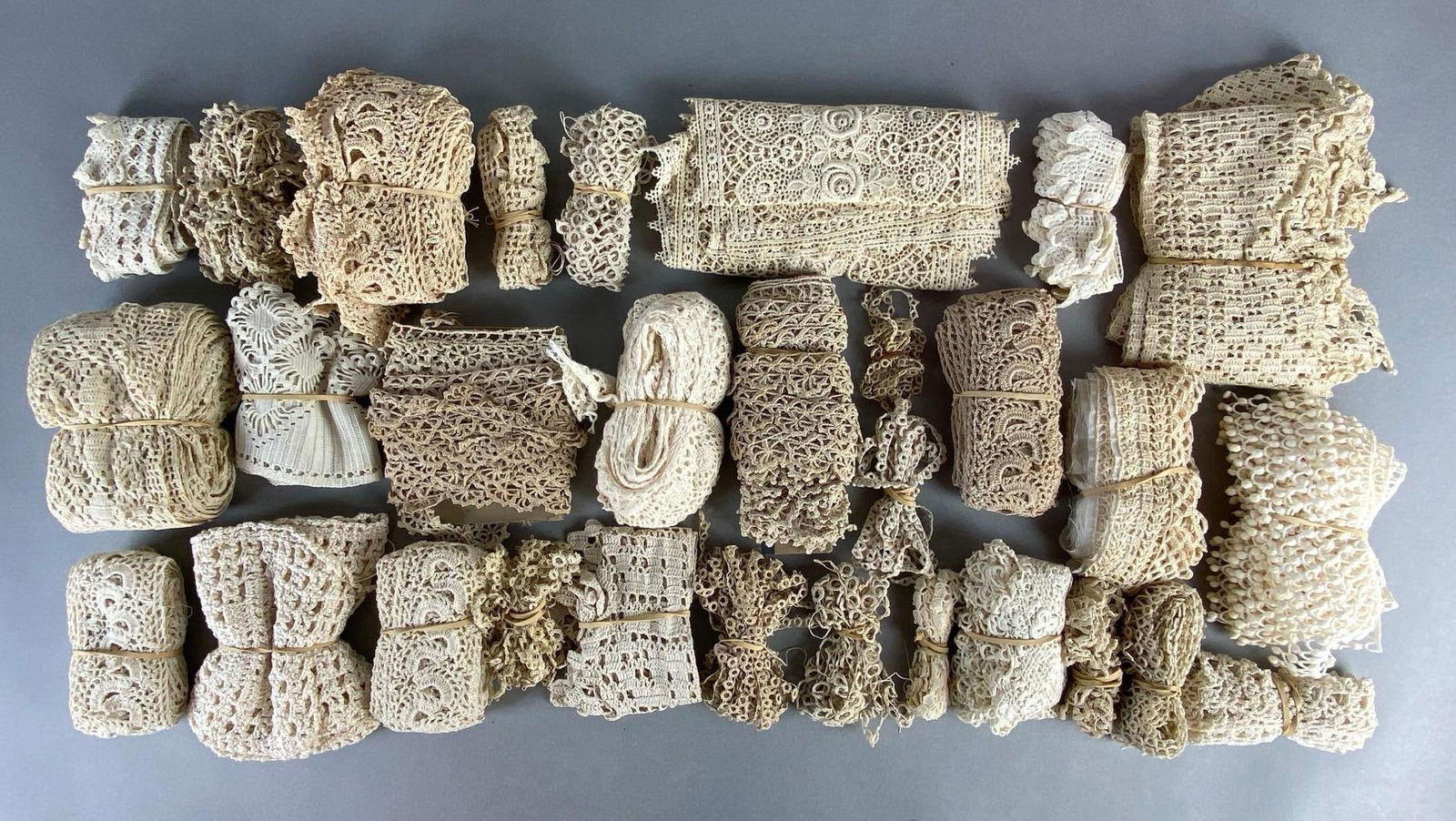 Group of 20+ Lace Trims: Includes floral patterns, circular, scalloped edges, and more.