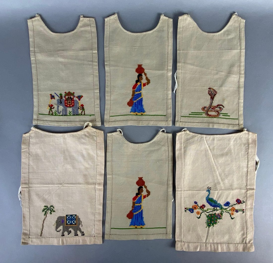 Group of 6 Vintage Linen Seafood Lobster Bibs: Includes elephants, Figural, snake, and peacock, Largest measures 12 1/4 x 8 1/2 inches.