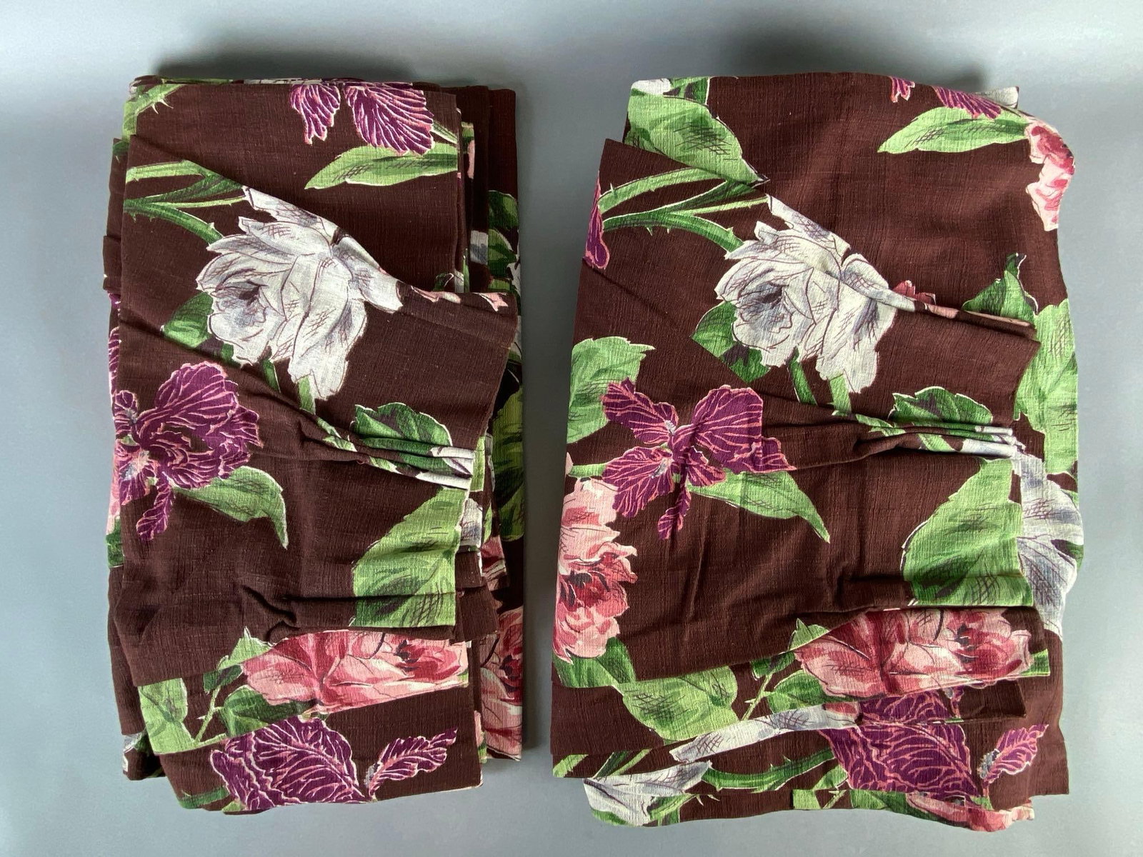 Group of 4 Brown Floral Bark Cloth Drapes: Includes 2 matching pairs, All measure 82 x 22 inches