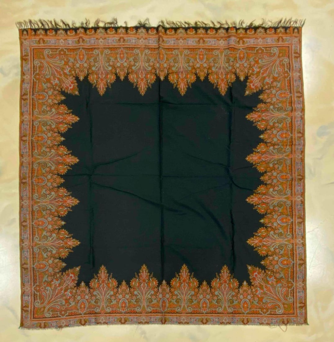 Colorfully Embroidered Black Linen Tablecloth: Measures 61 x 61inches.