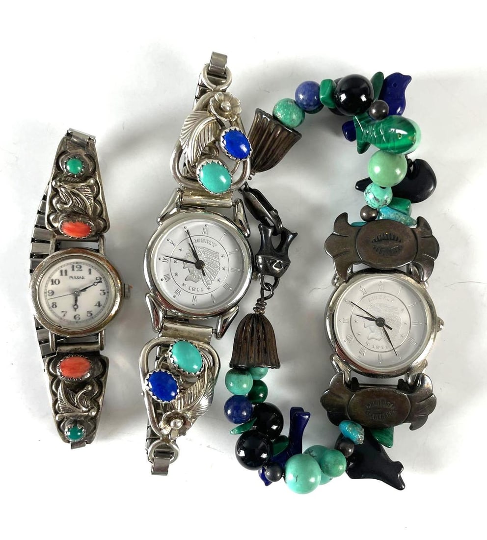 Group of 3 Native American Style Wristwatches: All untested. Includes pulsar with coral and turquoise, 2 southwest traditions GMP 100s. Beaded watch measures 7 1/2 inches