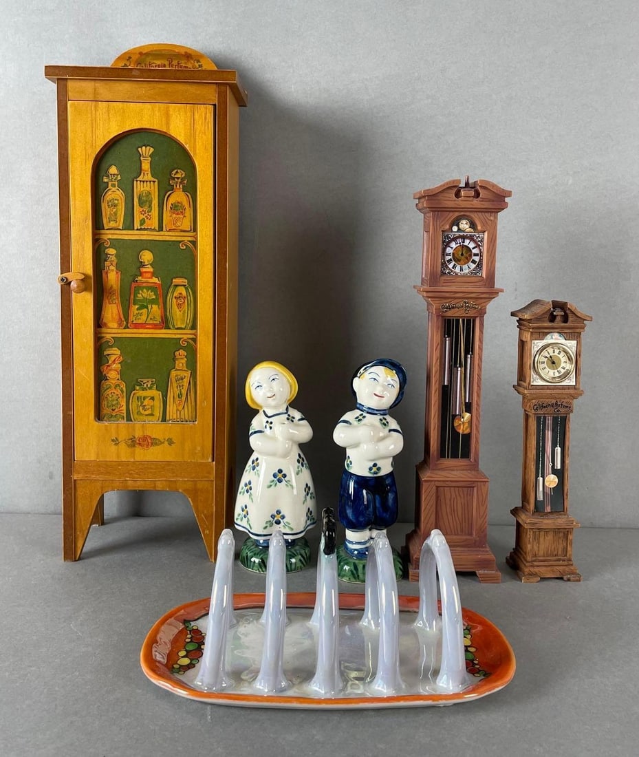 Group of California Perfume Co. Items and Porcelain: Includes Jus Denmark figurines, grandfather clocks, cabinet that measures 13 1/2 x 4 1/2 x 3 inches
