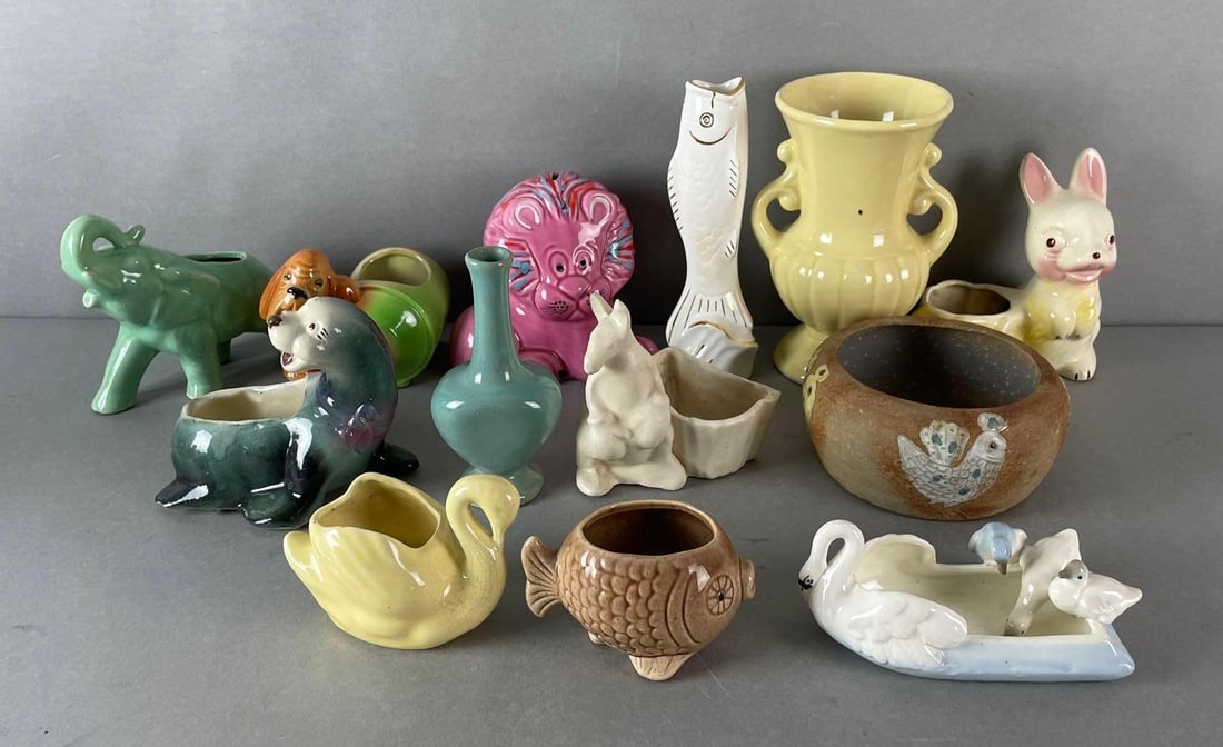 Group of 13 - Planters, Vases and Bank: Includes tialy pink lion bank, counterpoint pot with hand painted birds, yellow vase measuring 8 inches tall