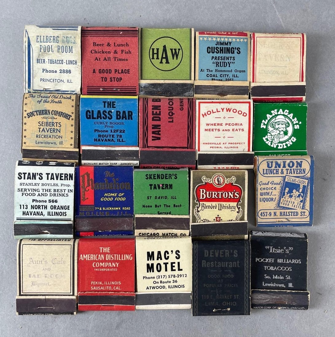 Group of 20 Vintage Advertising Matchbooks: Mostly Illinois, includes bars, restaurants, pool halls