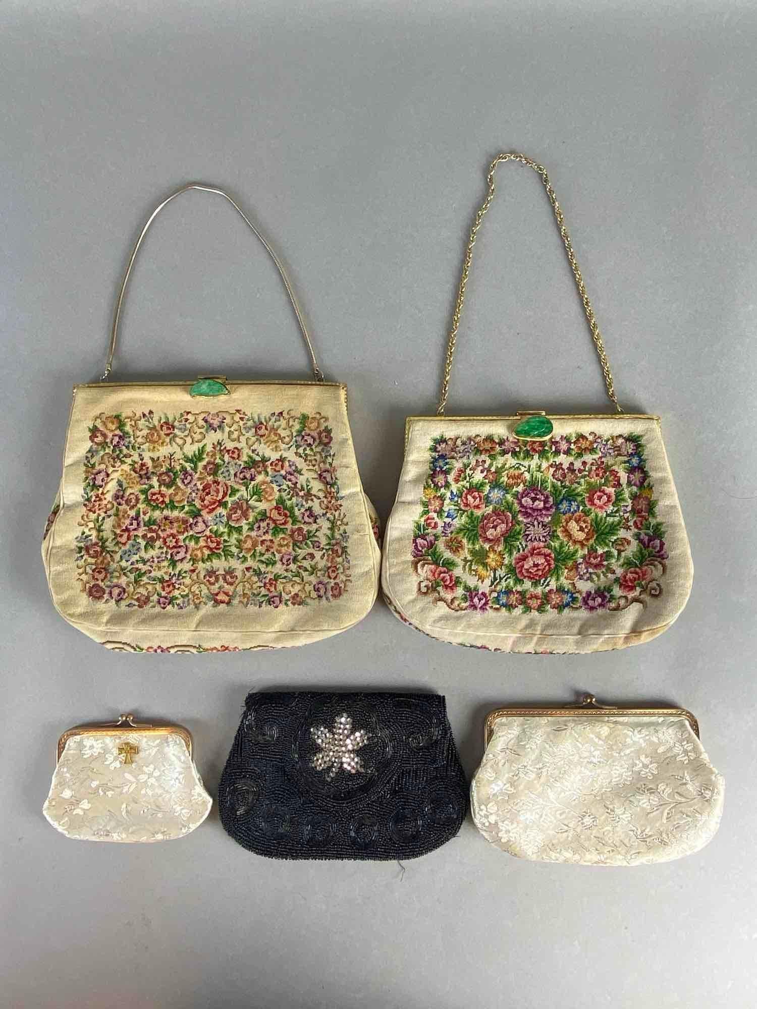 Group of 5 Vintage Purses: Includes floral embroidered, beaded, and white satin, Some staining, Largest purse body measures 7 x 8 1/2 inches.