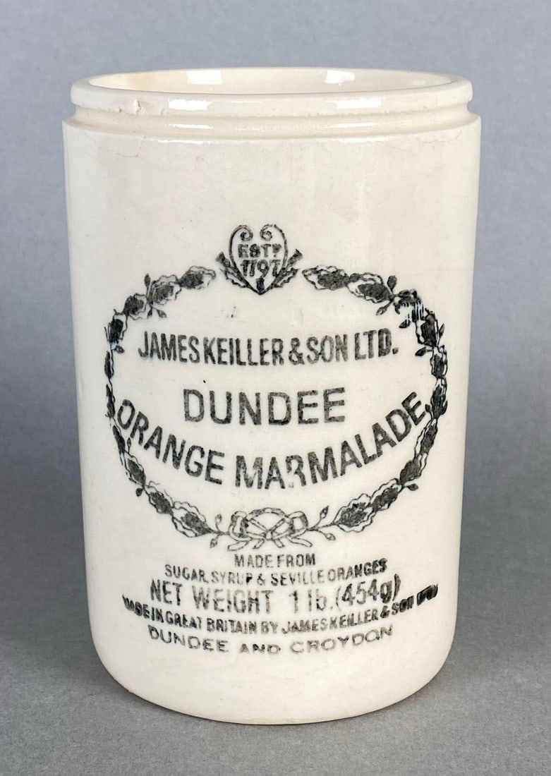 James Keller and Som Dundee Orange Marmalade Jar: Made in Great Britain, Dundee and Croydon, Measures 4 1/2 x 3 x 3 inches.