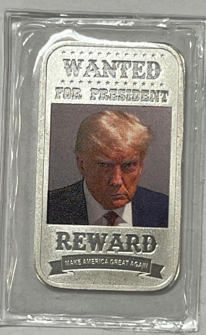 Limited Edition Donald Trump Mug Shot Wanted for President .999 Fine 1 Oz Silver Bar (1 of 2)