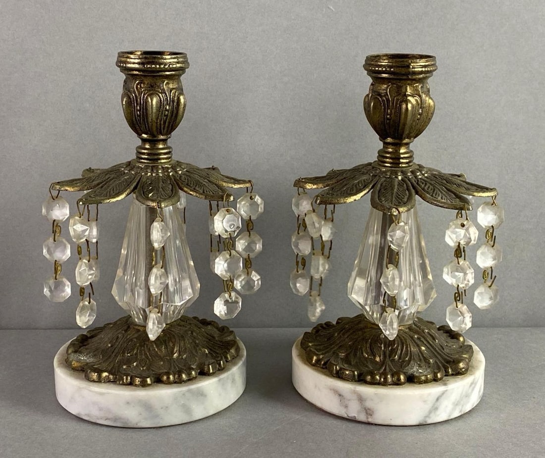 Pair of Floral Art Noveau Metal and Marble Candlesticks: Each measures 7 1/4 x 4 x 4 inches