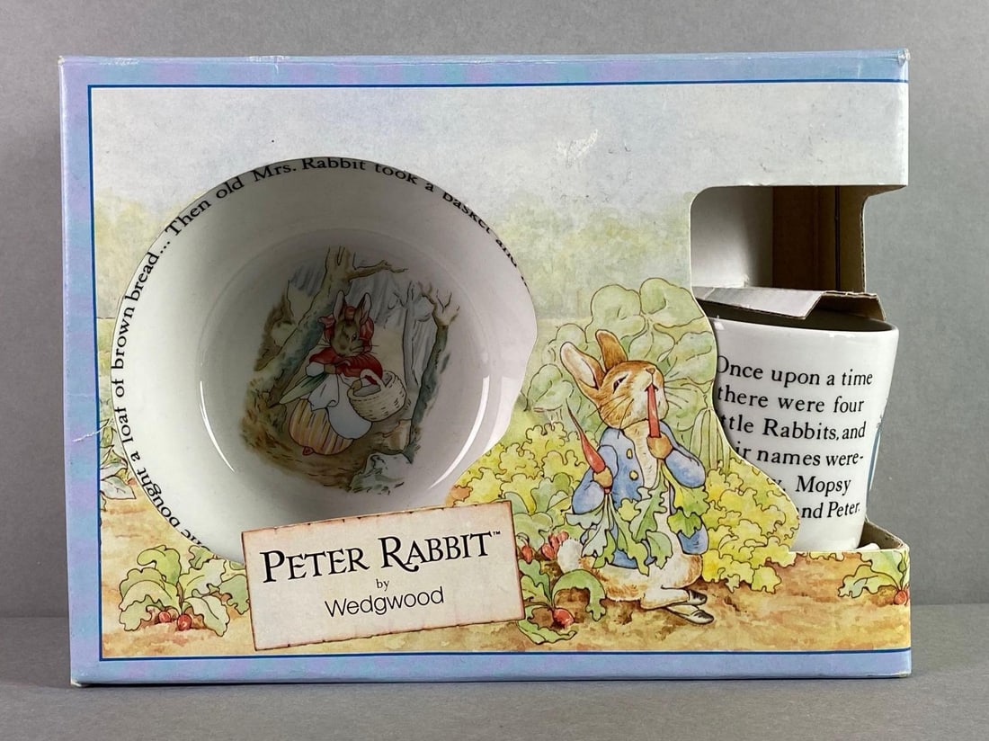 Wedgwood Beatrix Potter Peter Rabbit Nurseryware Set: Includes plate, mug and oatmeal bowl with original box, back of plate signed in gold marker Wedgwood 1993 Lord Wedgewood, box measures 7 1/4 x 9 3/4 x 4 1/4 inches