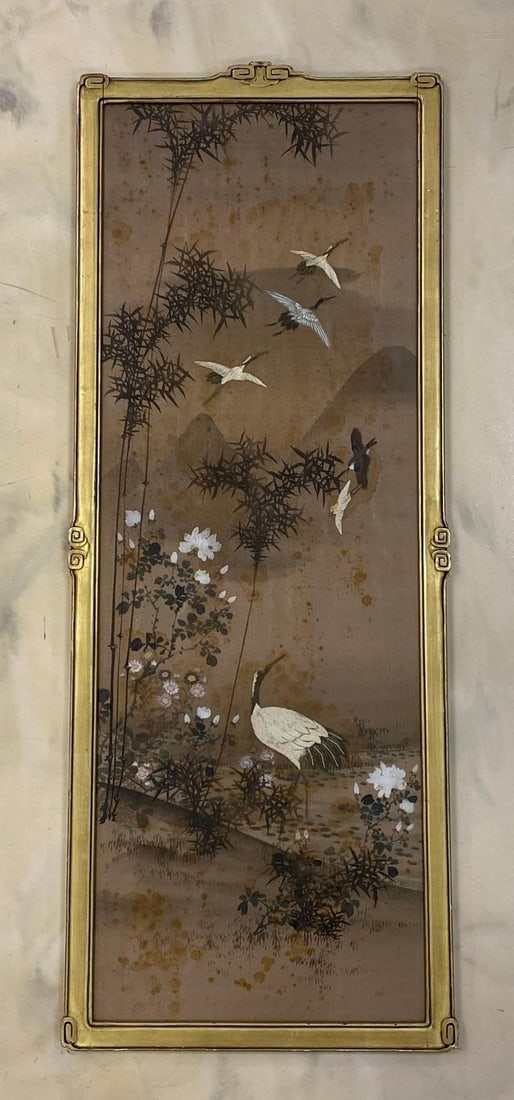 East Asian Silk Painting With Crane Embroidery: most birds are done with embroidery, otherwise painted, frame measures 52 x 20 1/4 inches