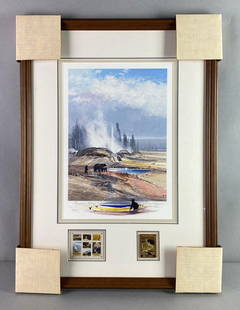 Signed Michael Coleman First National Park Stamp Executive Edition Print with Stamps: Limited Edition Numbered 86 of 200, Includes stamps, gold plated stamp medal, 1988 print, folder on back is empty, frame measures 24 1/2 x 18 inches