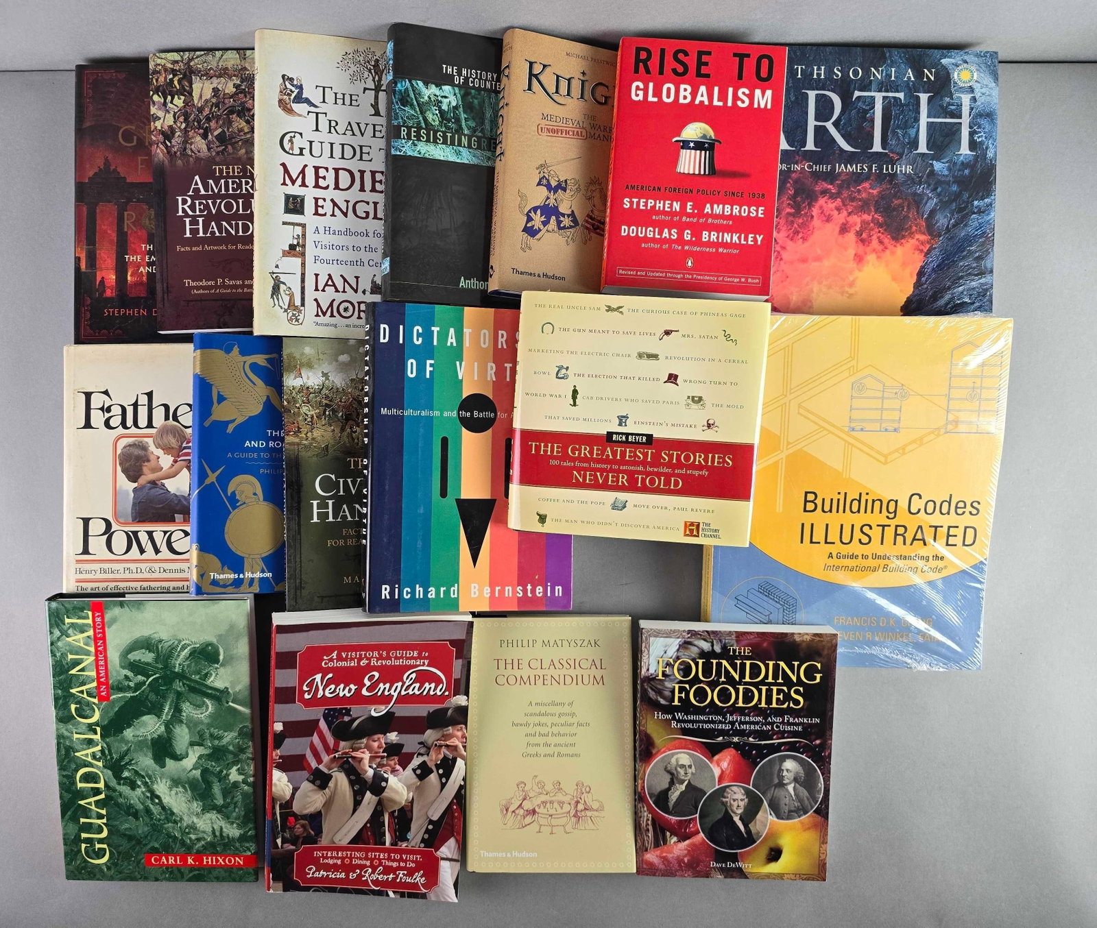 Group of 17 Historical Books and More: Includes The Founding Foodies, the travel guide to medieval England, the classical compendium and more. Largest measures 12 x 10 inches