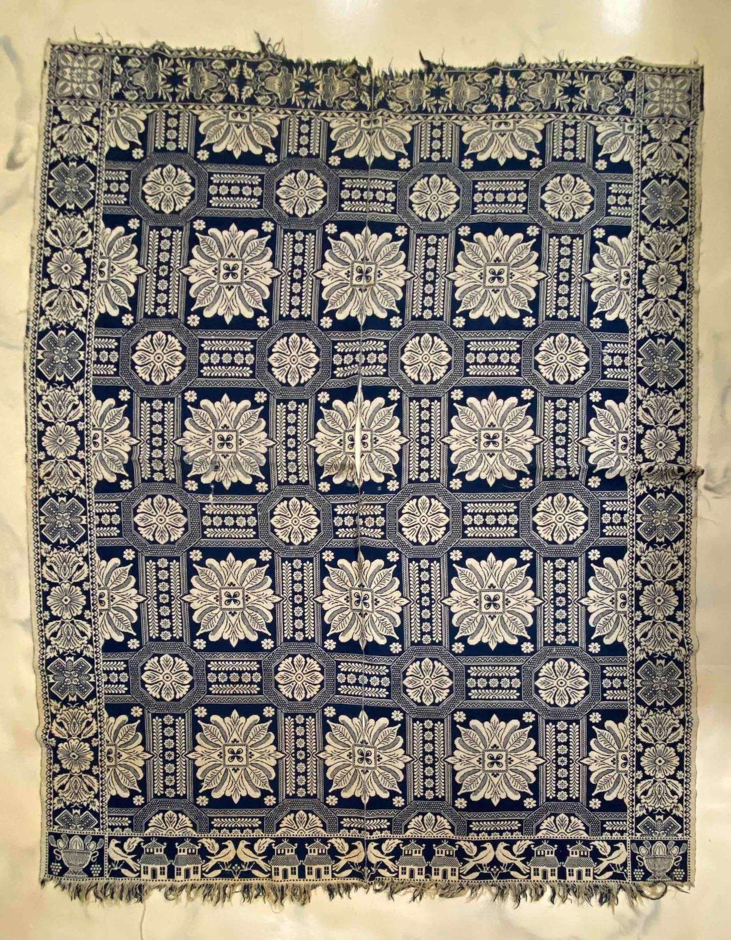 Blue and White Woven Floral Coverlet (1 of 5)