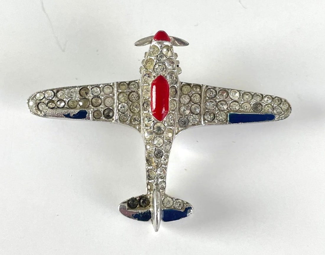 WW2 Era Trifari Rhinestone Fighter Plane Brooch: Alfred Philippe patriotic brooch. Measures 2 x 1 1/2 inches