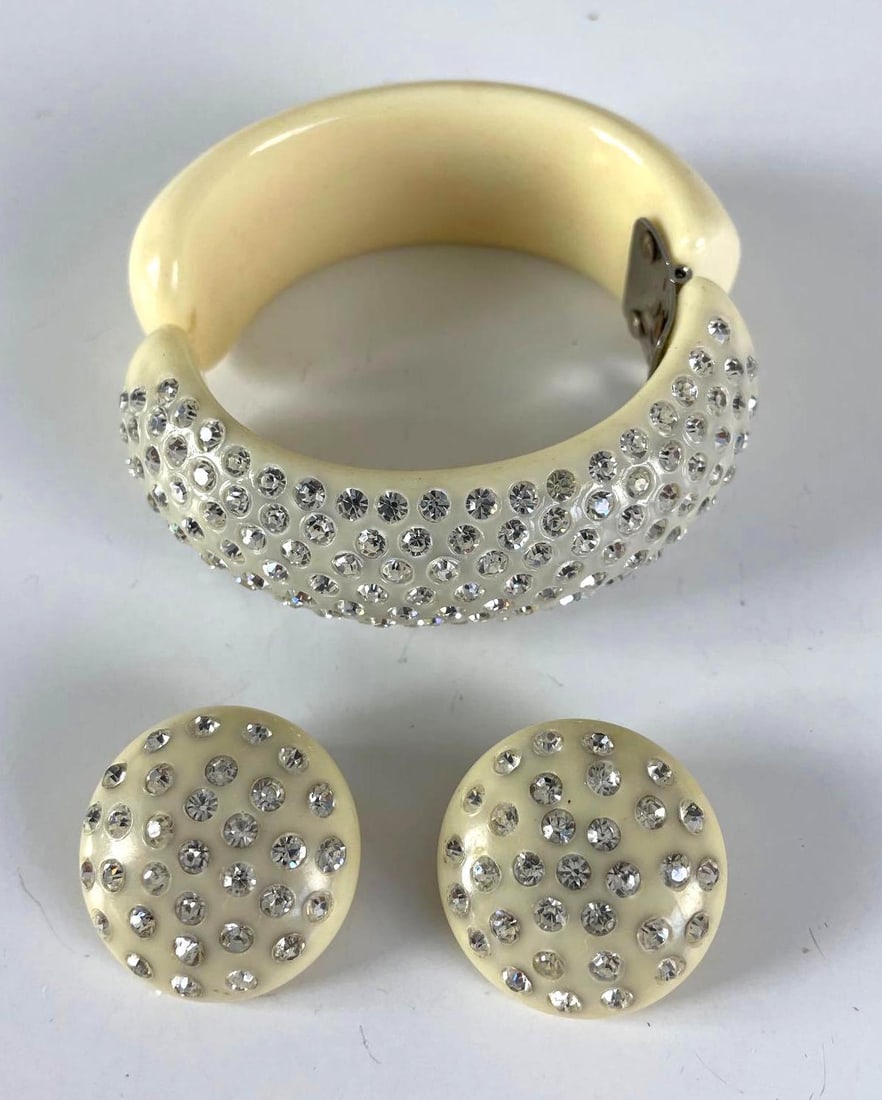 Rhinestone Studded Cream Celluloid Bracelet and Clip Earrings: Bracelet measures 6 inches