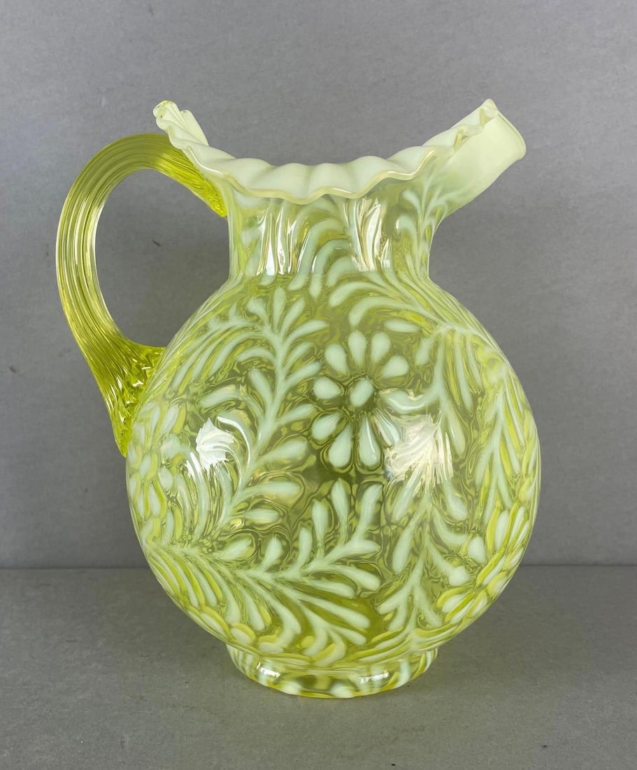Fenton Opaline Vaseline Glass Daisy and Fern Pitcher (1 of 5)