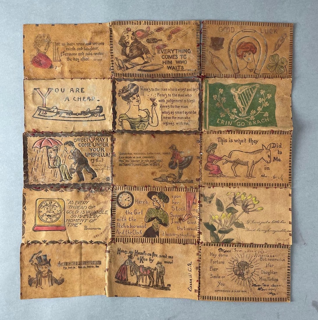Postcards - 15 Leather: Quilted together as one piece, some stitching separating. Includes humor, st patty's day, good luck. Measures 15 1/2 x 15 inches