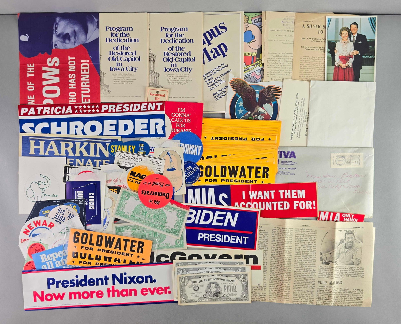 Group of 60+ Politcal Ephemera: Includes invites, stickers, pictures and more, largest measures 14 x 12 inches