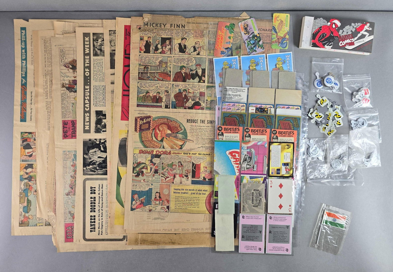 Group of 50+ Assorted Epehemera and More: Includes pop culture comic press pins, playing cards, trading cards and more