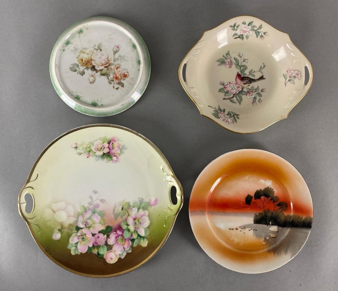 Group of 4 Hand-Painted Porcelain Plates and More: Includes Lenox Serenade Bird, Three Crowns China floral, German Trivet, and Japanese Swan on lake, Some cracks, Largest measures 10 x 9 1/2 x 1 1/4 inches.