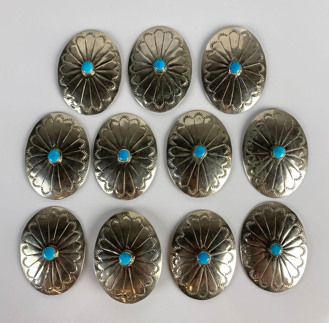 Sterling Silver Native American Turquoise Embossed Belt Links: Includes 10 matching links, and 1 hook, Missing strap to link together pieces, All measure 2 1/2 x 1 3/4 inches.