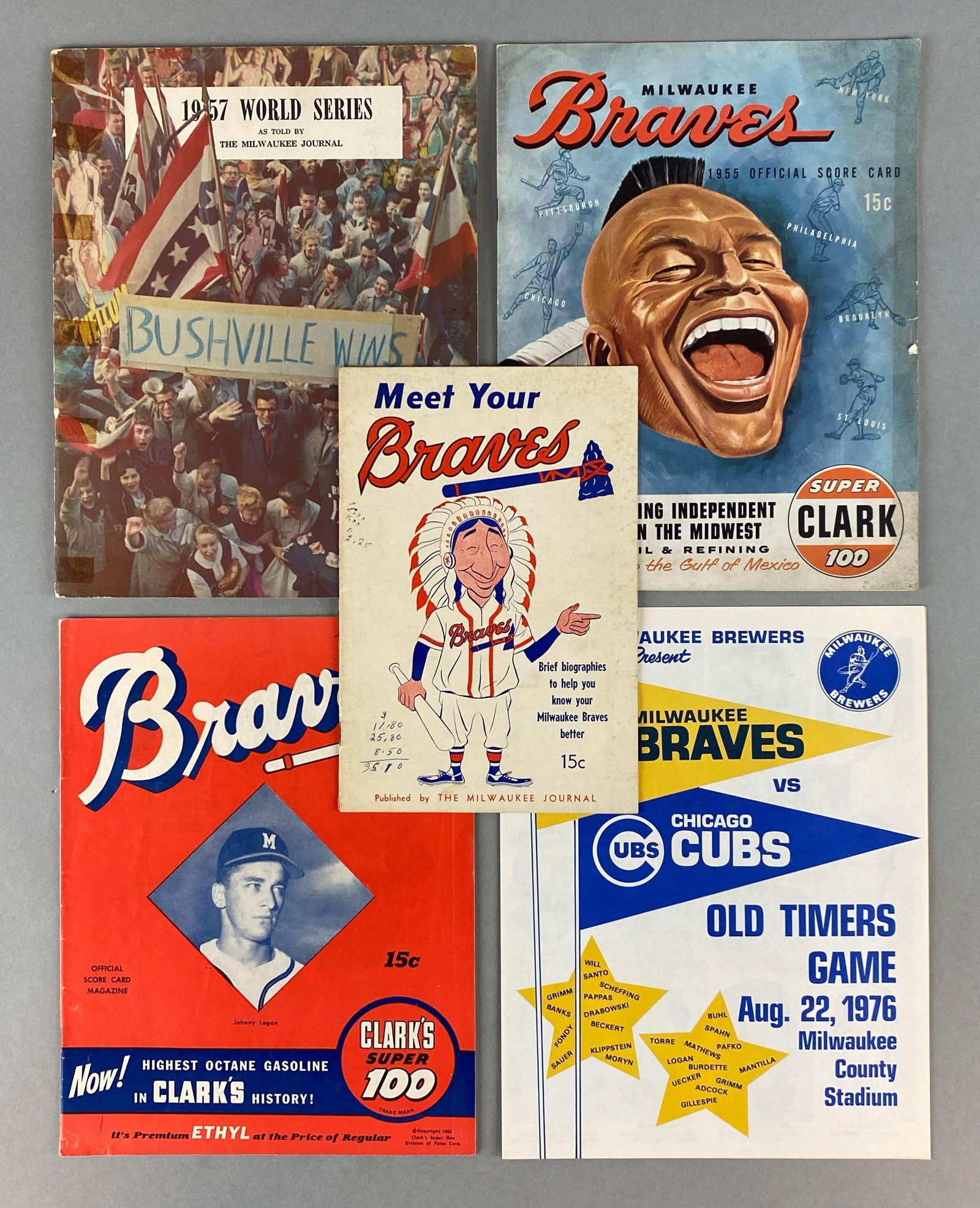 4 - 1950s Milwaukee Braves Score Cards and Programs: 1957 World Series program as told by the Milwaukee Journal, 1953 Meet your braves published by the Milwaukee Journal, 1953 and 55 score cards, 1976 Old Timers Game Score card Braves vs Cubs