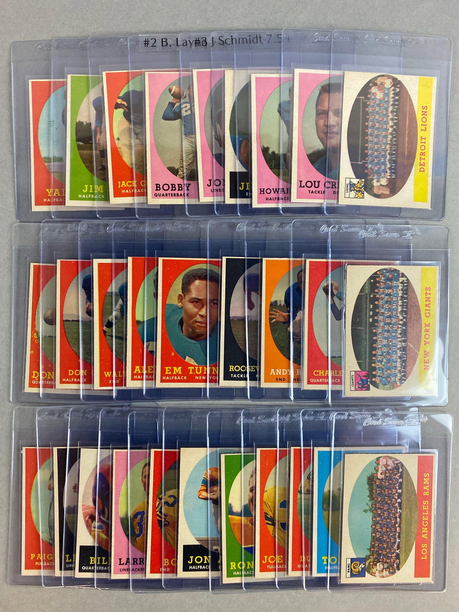 29 - 1958 Topps Detroit Lions, New York Giants, and Los Angeles Rams High Grade Cards: EXMT -NMMT with some o/c, 9 Detroit Lions with Bobby Layne, Joe Schmidt and Yale Lary, 9 New York Giants with Charley Conerly and Roosevelt Brown, 11 Los Angeles Rams team set.