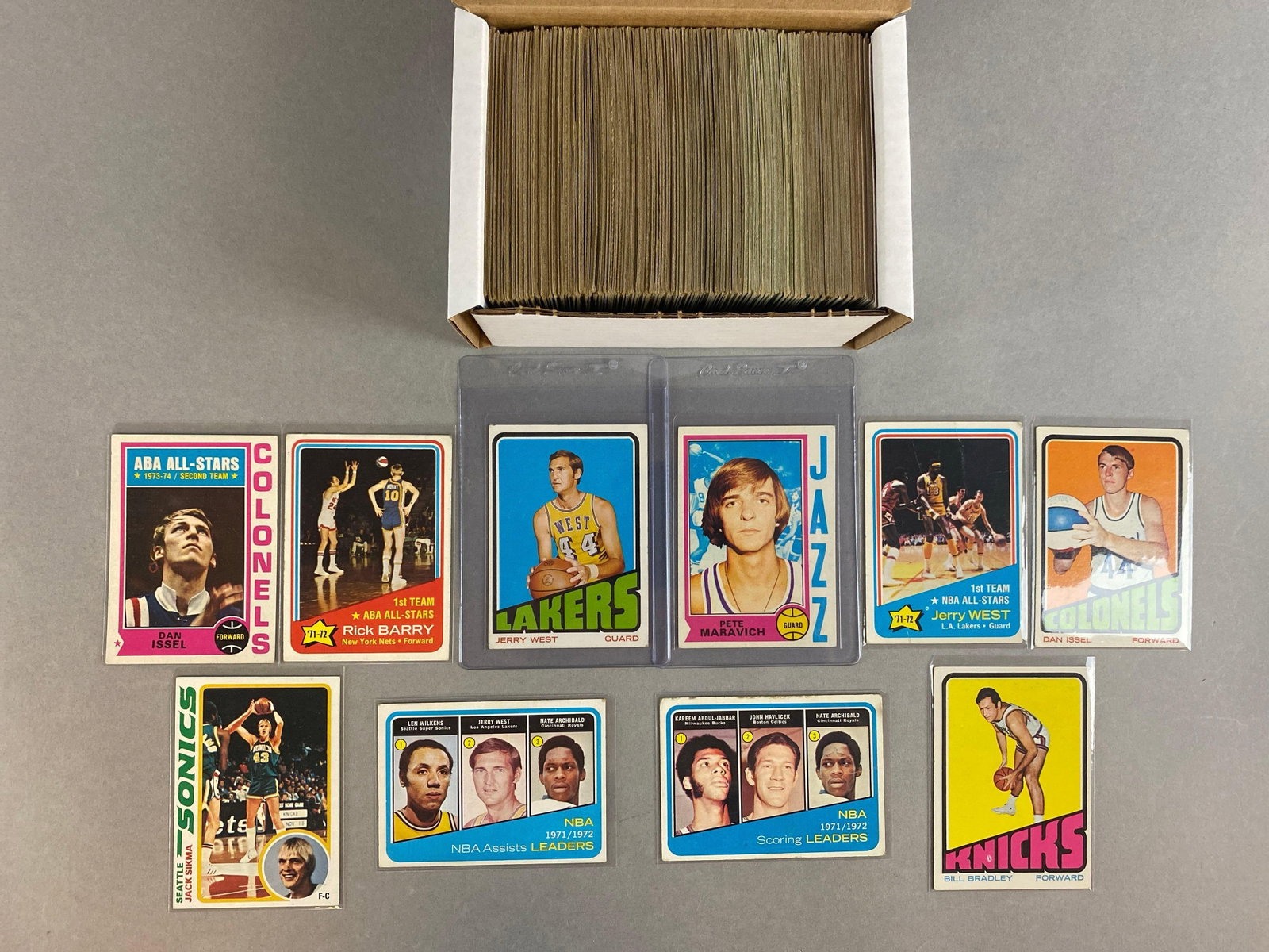 250+ 1970s Topps Basketball Cards with HOFs, Stars and Rookies: Conditions vary, low - EX, 1972 Jerry West VG, 1974 Pete Maravich EX, Kareem Abdul Jabbar, Dan Issel, Rich Barry and more.
