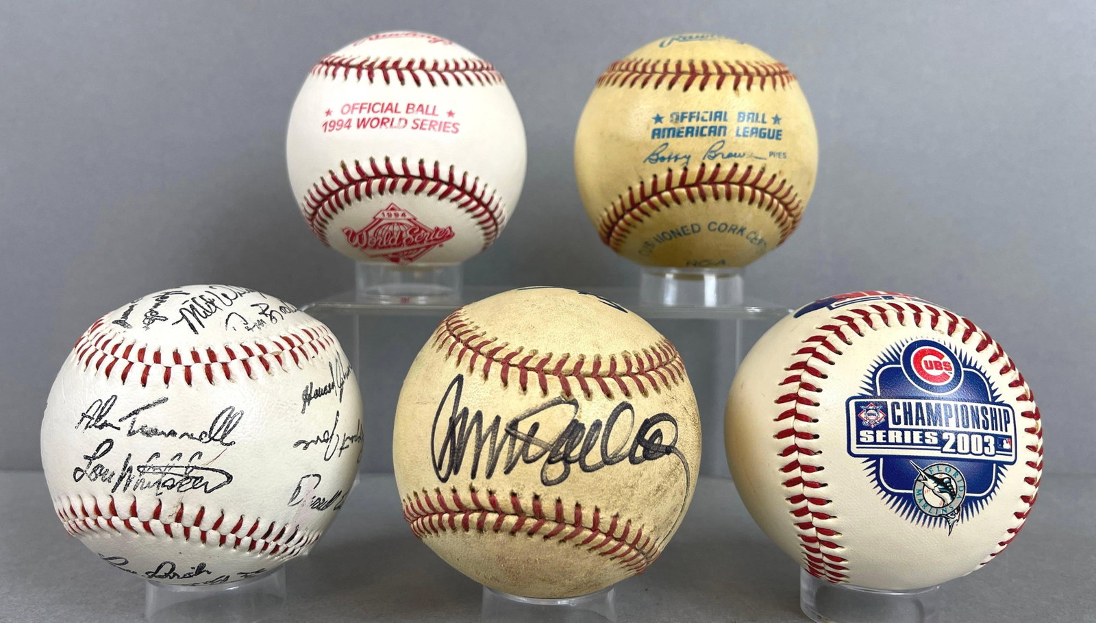 Ryne Sandberg Signed Baseball + 4 Others Baseballs: Includes 1994 World Series, 2003 NLCS, A.L. Bobby Brown, and Detroit Tigers Facsimile baseballs