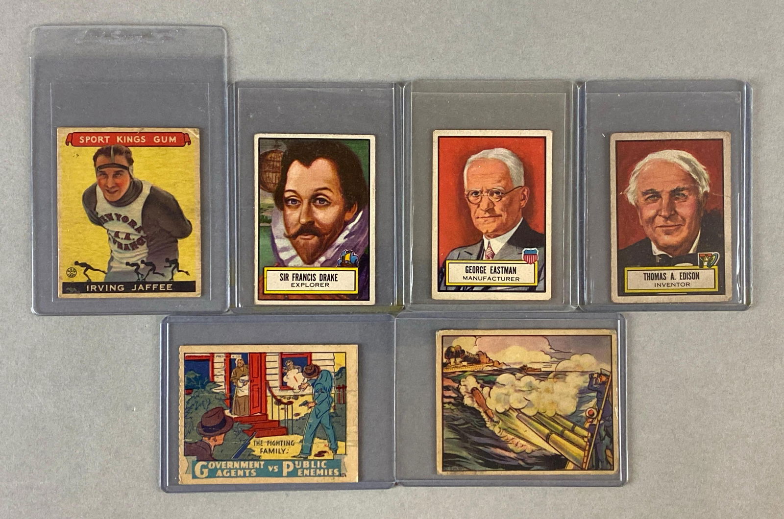 1933 Sports Kings, 3 - 1952 Look N See, and 2 Other Non-Sports Cards: Condition Low - VG, 1933 Sports Kings Irving Jaffee - Crease, 1952 Topps Look N See Thomas Edison #71, Eastman #25, and Drake #94, 1936 Government Agents vs Public Enemies #224, 1938 Gum Inc. Horrors