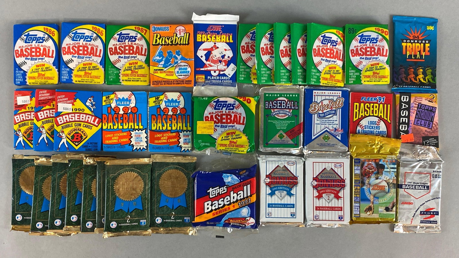 35 - 1986 - 94 Baseball Unopened Packs: 2 - 1986 Topps, 1987 Topps, 1993 Topps Jumbo, and Many More