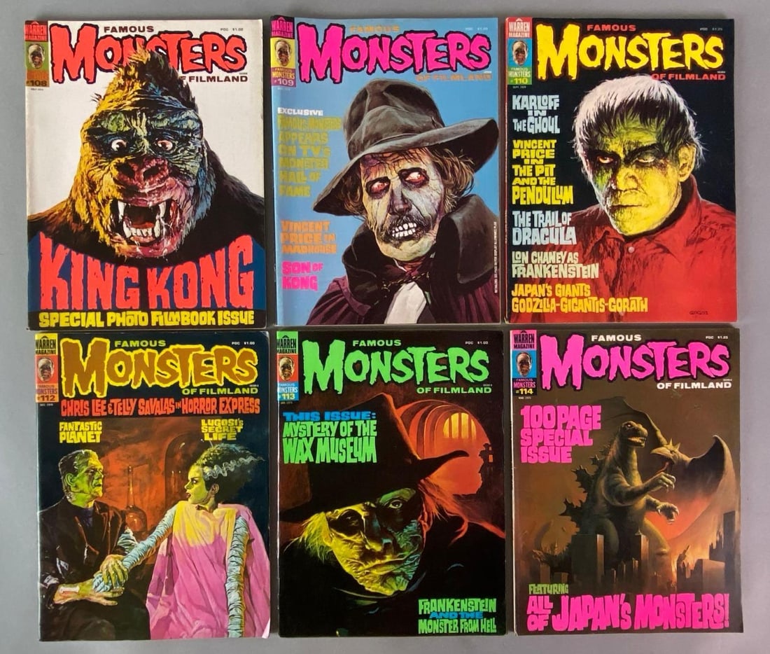 Group of 6 Warren Magazine Famous Monsters of Filmland Magazines: Includes No. 108-110, and 112-114, July 1974-March 1975, Bronze Age, $1.00-$1.25.