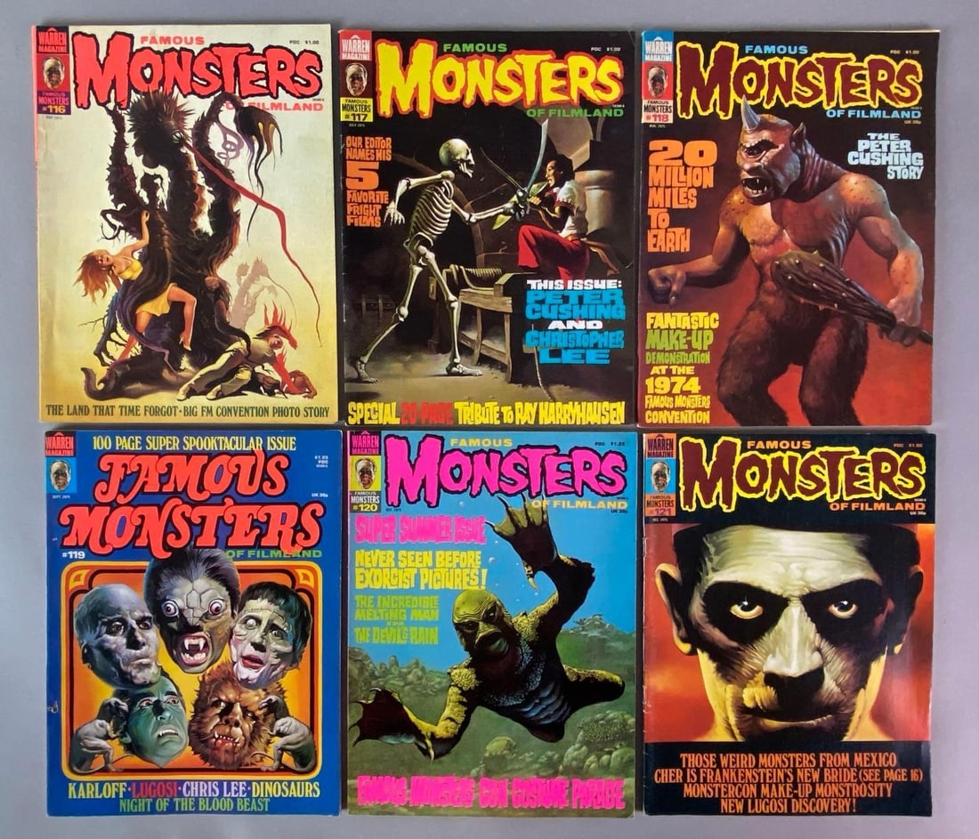 Group of 6 Warren Magazine Famous Monsters of Filmland Magazines: Includes No. 116-121, May 1975-December 1975, Bronze Age, $1.00-$1.25.